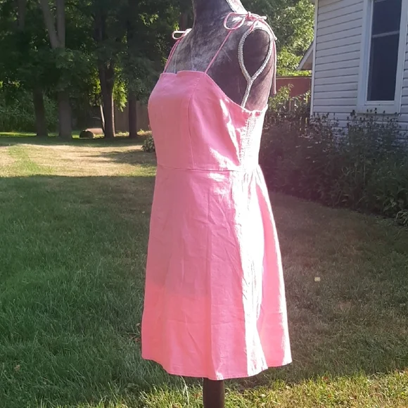 SWEET💞LINEN blendOld Navy Pink Tie-Strap Mini Dress Fits M POCKETS!!! - Picture 7 of 12